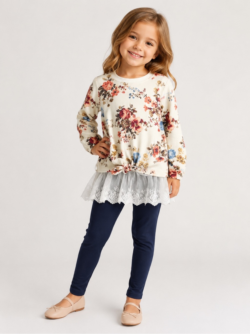 Bonnie Jean โข NWT Girls Floral Tie-Hem Top with Lace Trim - Cream Floral